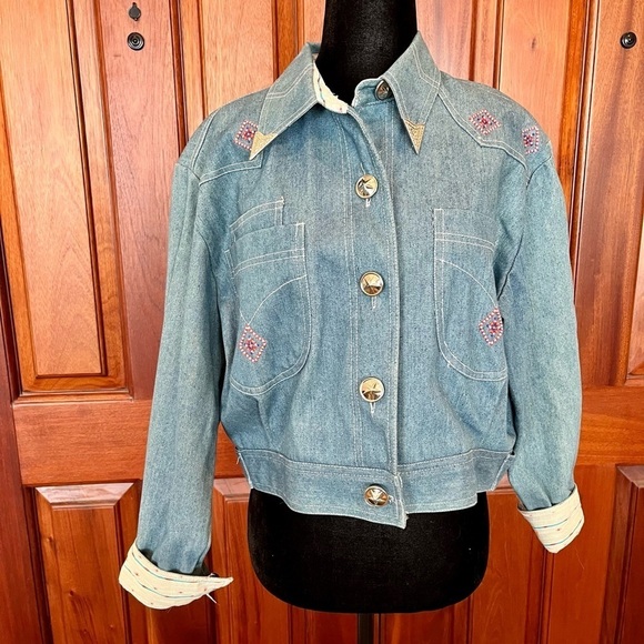 VTG 1990s SK Wear Beaded Embroidered Denim Jacket Button Up Boho Western Size 12 - Picture 1 of 9